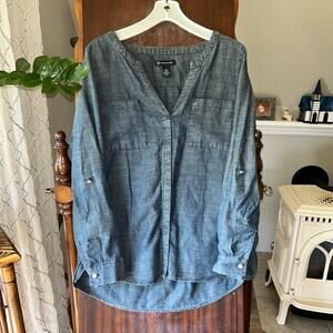 INC long sleeved or 3/4 blue denim chambray shirt loose fit linen blend size 10